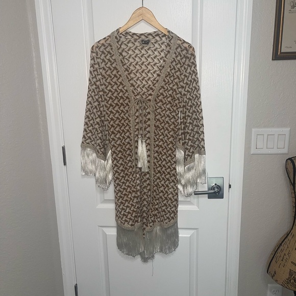 PHO FIRENZE Florence Lace Kimono Fringes Elegant White and Gold Swim Coverup - Picture 2 of 9